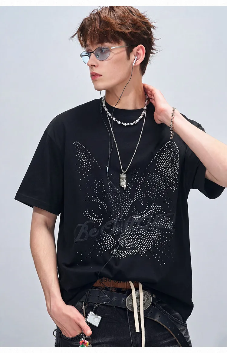 2026 Summer New Men's Rhinestone Cat Face Print T-shirt Loose Streetwear Black Short Sleeve Round Neck Casual Tops
