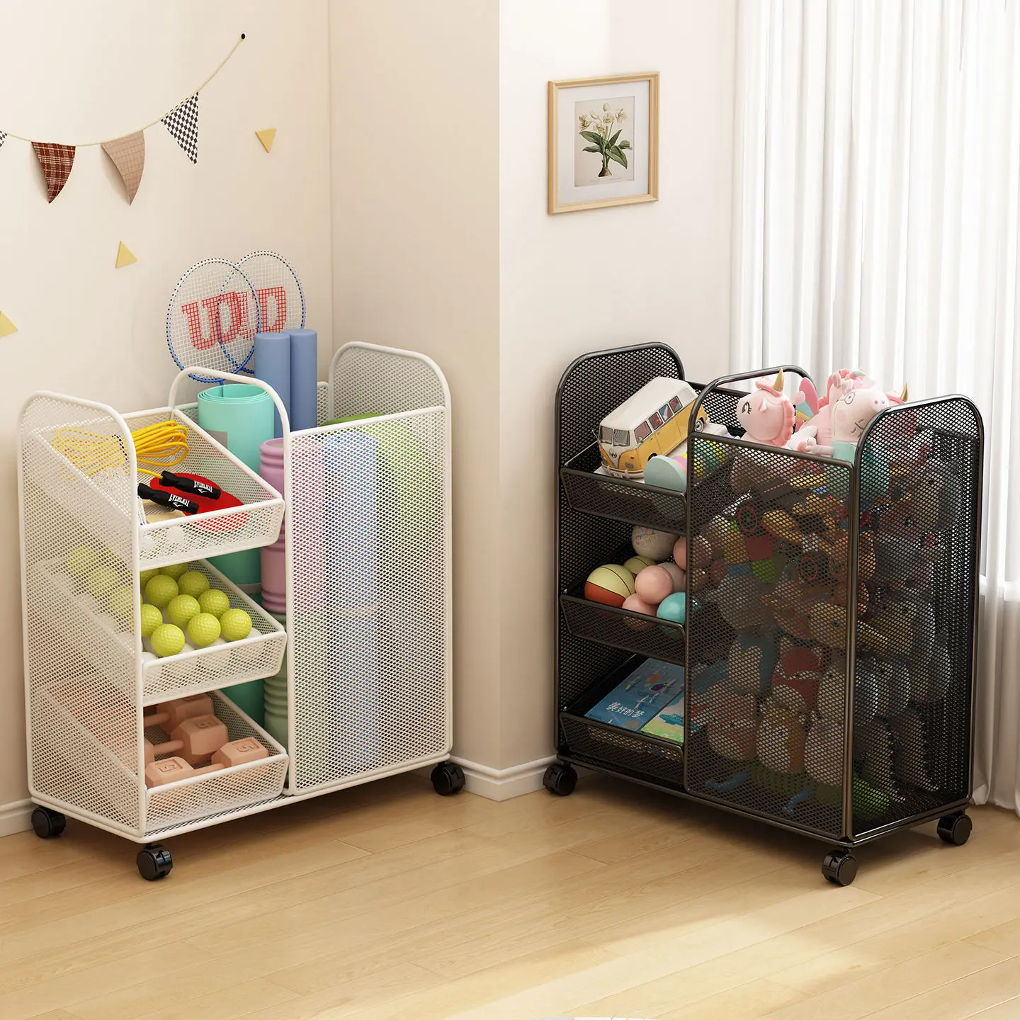 Large Capacity Toy Storage Rack Mobile Multifunction Rolling Cart Metal Organizer with Wheels for Stuffed Animals Books