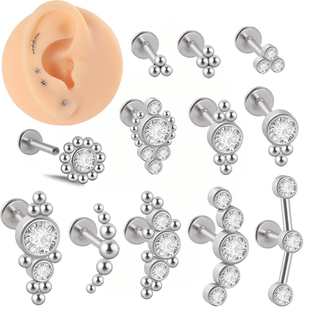 1PC Surgical Steel  Silver Color Labret Flat Base Ear Studs Crystal Cluster Helix Tragus Cartilage Piercing Jewelry 16G