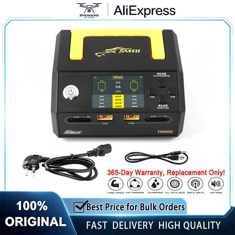 

Tattu TA1000 G-Tech 25A Dual-channel Intelligent Charger 1000W For 1S-7S Drone Battery CN. US. EU. Standard