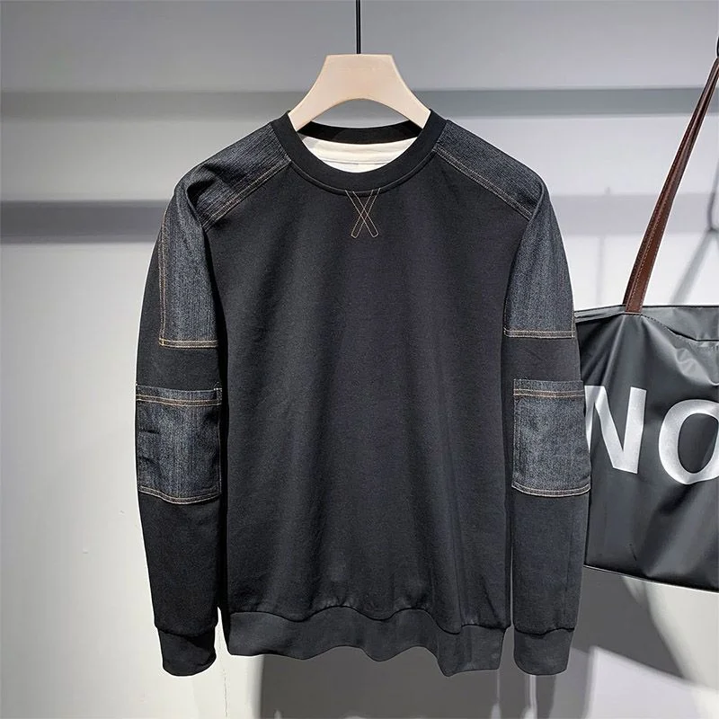 Japanese Retro Denim Bright Line Color-blocking Sweatshirt Men in Autumn and Winter New Loose Casual Black Top Trendy