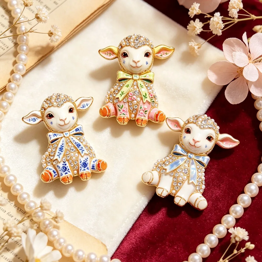Cute Sitting Lamb Badge Enamel Imitation Pearl Rhinestone Bow Animal Clothing Decor Universal Jewelry Gift