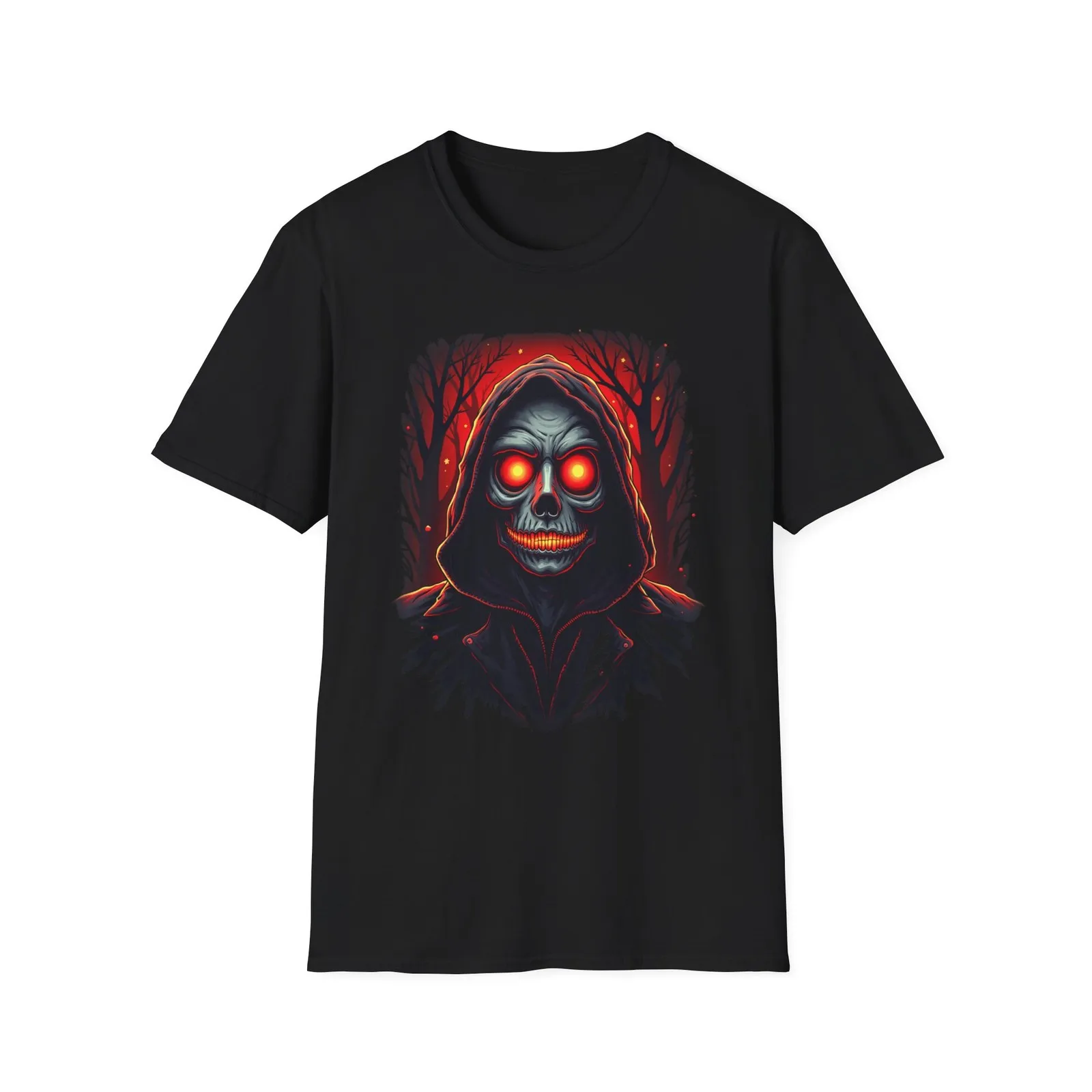 Blaze-Eyed Reaper: The Inferno Grin Skull Tee Halloween Tshirt