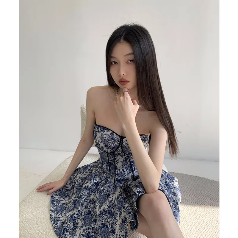 Women' Clothing Blue and White Porcelain Puffy Dress New Chinese Style Tea Break French  Bra Chic Unique Dress Temperament Dress