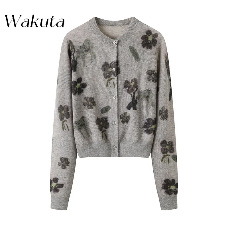 WAKUTA American Classic Round Neck Long Sleeve Simple Jumper Floral Jacquard Embroidery Knitted Sweater Vintage Knitted Cardigan