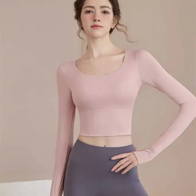 

Элитная женская одежда для йоги с длинным рукавом 2024: топы для фитнеса, пилатеса и спортивных тренировок, облегающий дизайн с подкладкой для груди, круглый вырез