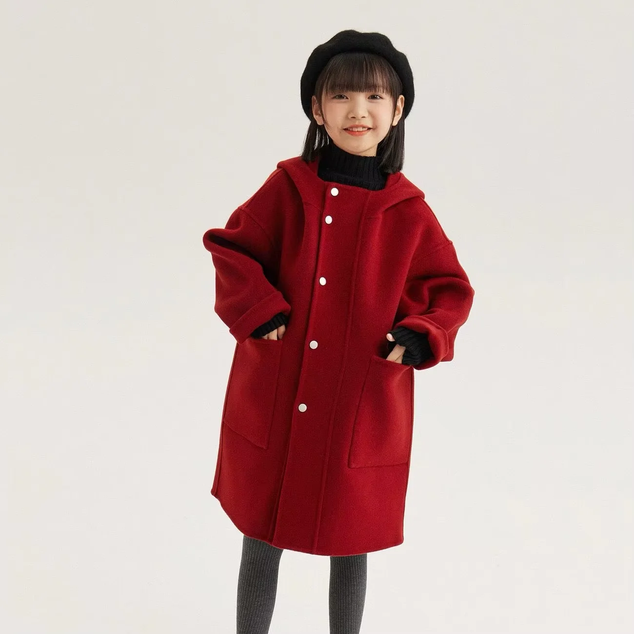 Girls Double-Sided Cashmere Coat Spring Autumn 2026 New Thickened Hooded Stylish Woolen Outerwear for Children