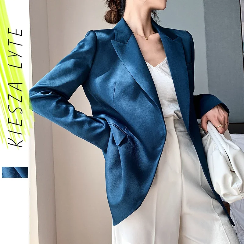 Blue Blazer for Women 2024 Spring Autumn Trendy Korean Style Luxury Satin Suit Jacket OL Work Coat Female Outerwear