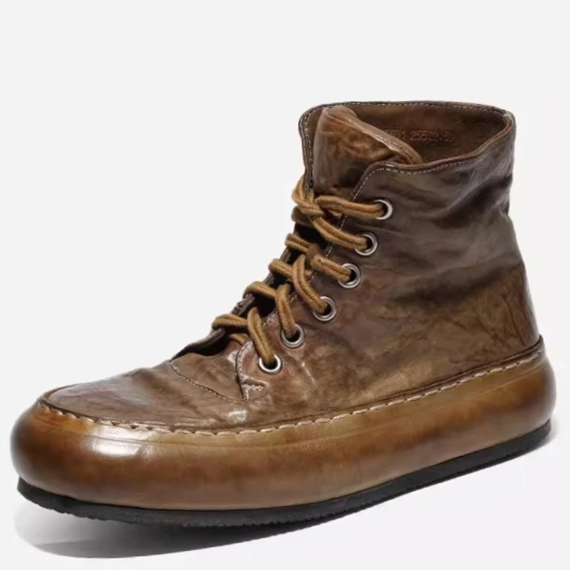 

Washed Horseskin High Top Boots Shoes for Men's Women's British Retro Horse Skin Handmade Goodyear Thick Sole Leather Shoes Male