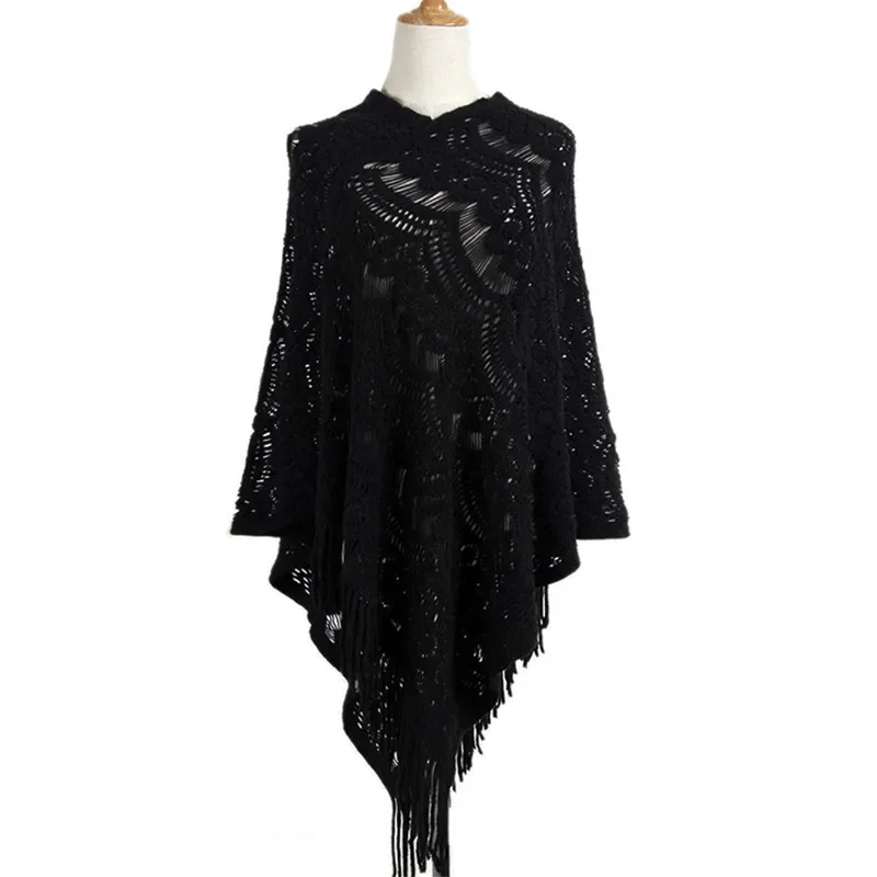 

Women Hollow Out Crochet Hollow Out Capes Tassel Loose Poncho Autumn Knitted Long Sweater Triangle Outstreet Pullover Knitwear