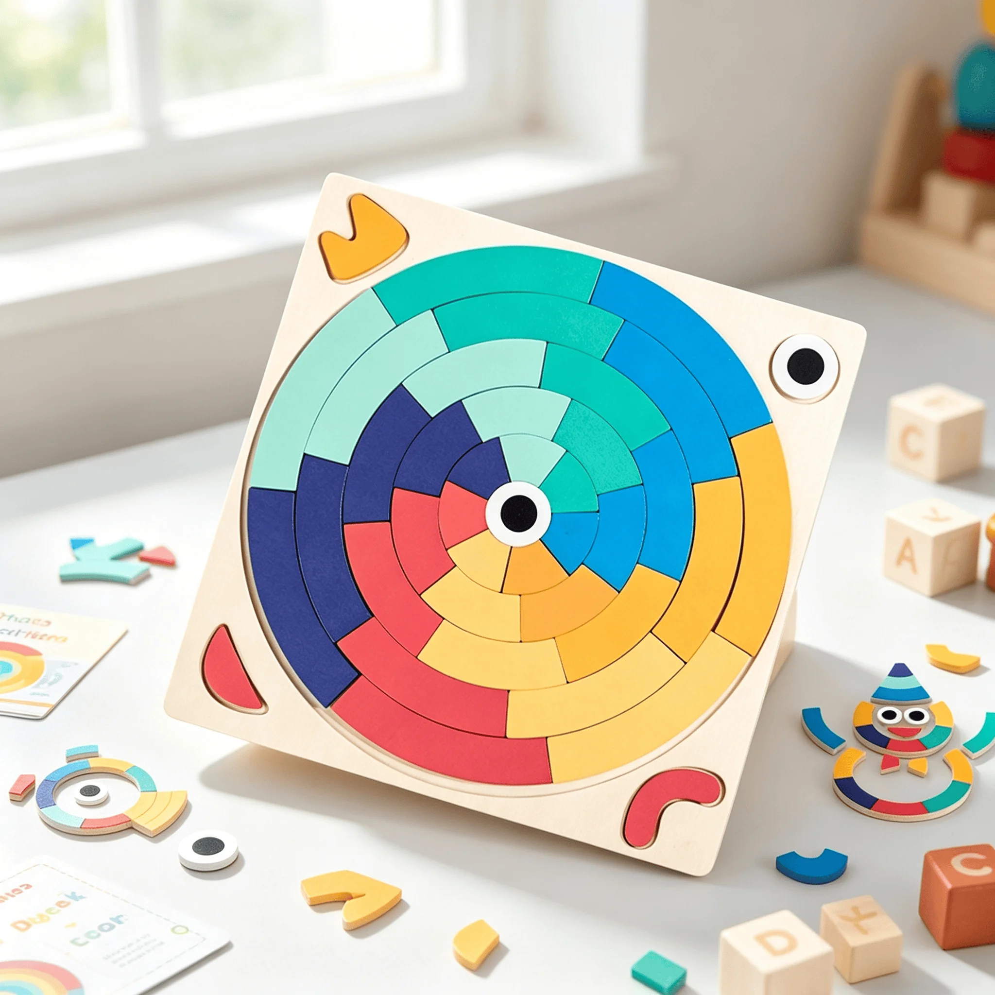 Rainbow Gradient Color Cognitive Children's Montessori Fan Shaped Puzzle Logic Thinking Training Wooden Puzzle Toy 3+y
