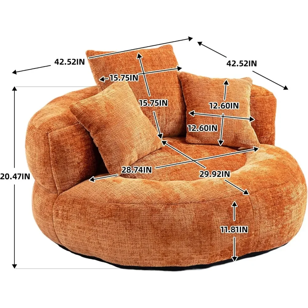 Oversize Oval Padded Lounger Chair, Upholstered Bean Bag Couch With 3 Pillows & Wrap-Around Backrest For Adults|