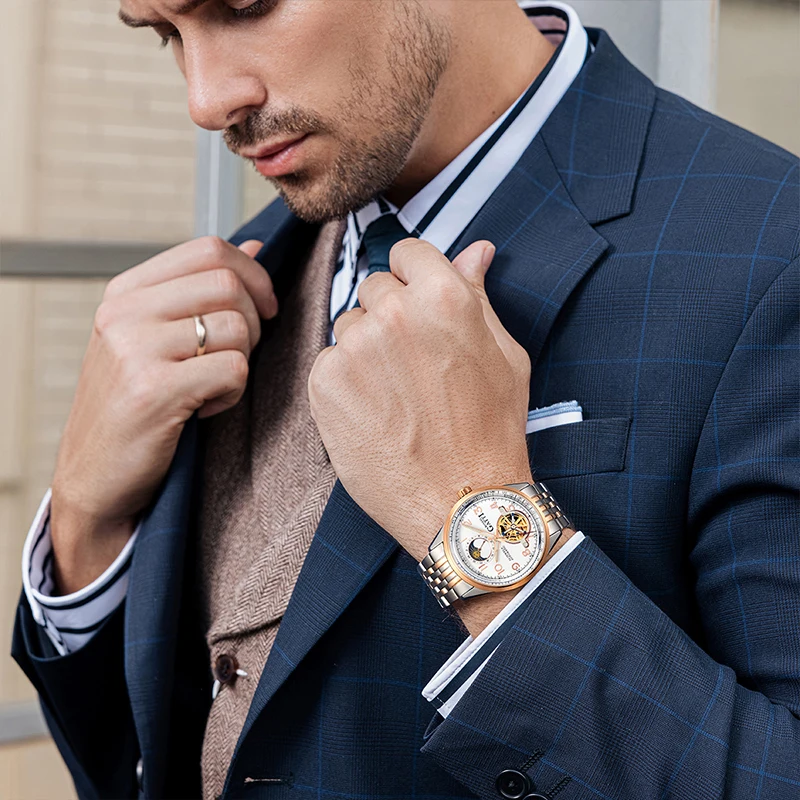 BONEST GATTI Orologio automatico da uomo 42mm Orologio da polso meccanico di lusso 5ATM Zaffiro Quadrante scheletrato luminoso Sole Luna 24 ore