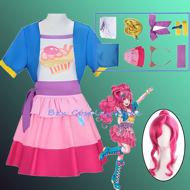 Little Pony Pinkie Pie Cosplay Costume Human Female Pink Dress for Girl Wig Suit Halloween Carnival Costumes Prop Kids Size