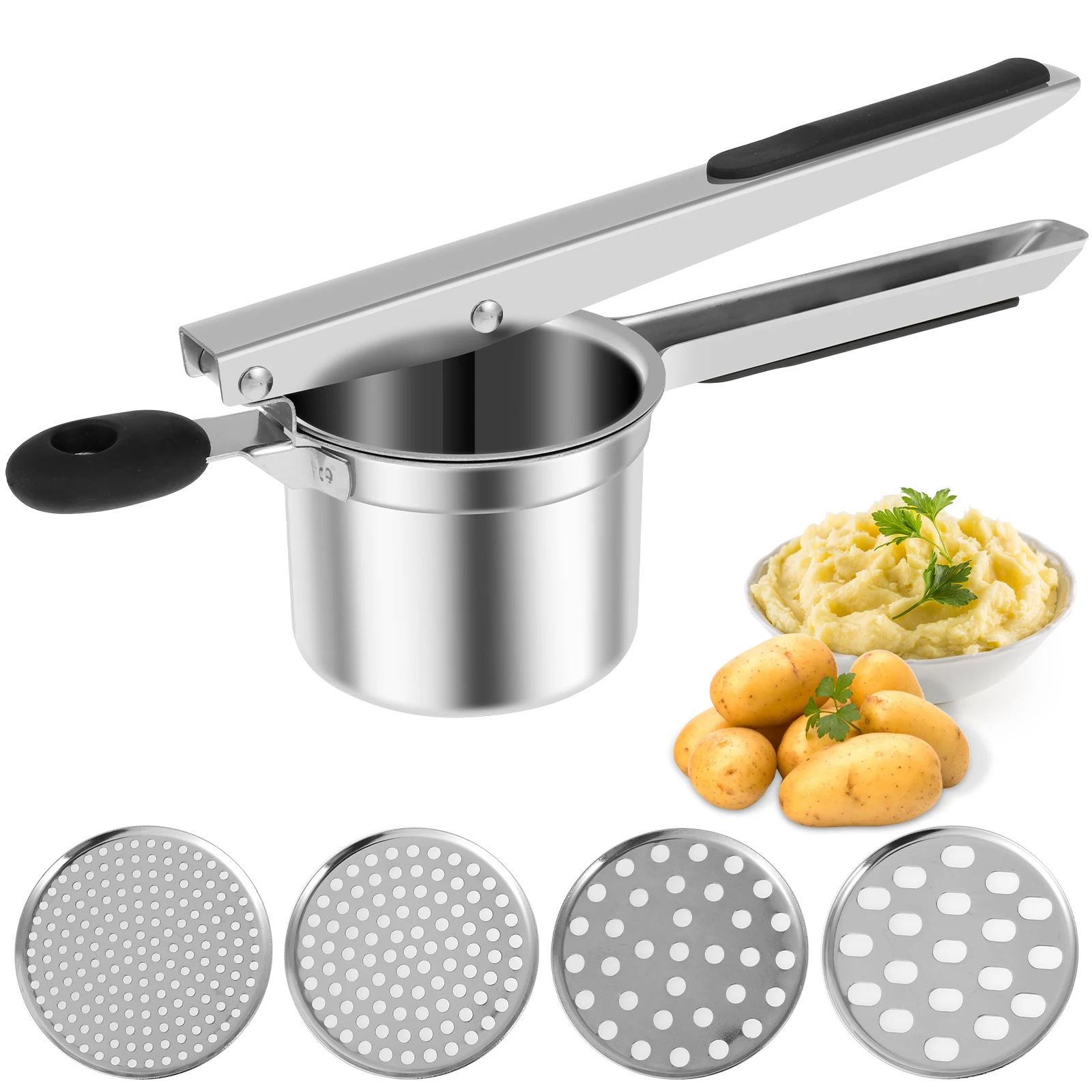 Heavy Duty Potato Masher with 4 Interchangeable Discs Stainless Steel Potato Ricer Manual Food Ricer Kitchen Tools