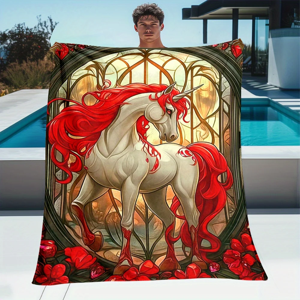 Stained Glass Unicorn Red Mane Flannel Blanket Mythical Horse Art Bed Cover Fantasy Design Gift for Teen Girls Boys