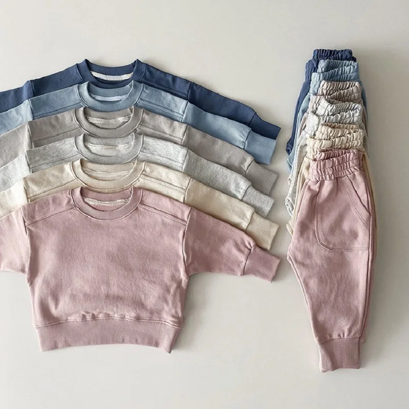 

Spring Children's Set New Simple Boys' Casual Solid Color Pullover Top Set Casual Girls' Baby Long Sleeve Pants Set