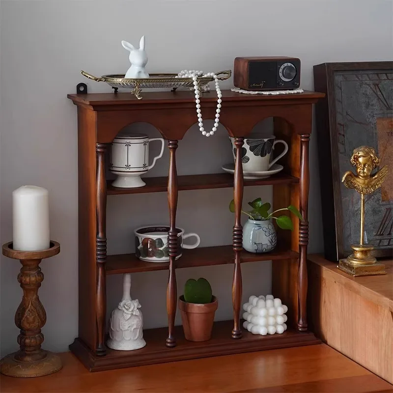 

Solid wood cup holder, desktop shelf, living room home retro multi-layer storage rack, bedroom