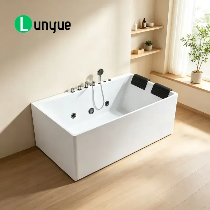 Modern Freestanding Rectangular Glossy Acrylic Whirlpool Tub Jet Massage System Headrest Indoor Bathroom Luxury Spa