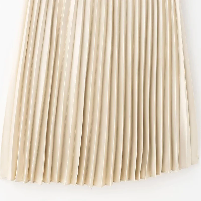 HXAO 여성을위한 새로운 롱 스커트 Pleated 우아한 여성 스커트 여름 새틴 미디 스커트 하이 웨이스트 브라운 스커트 솔리드 캐주얼 스커트