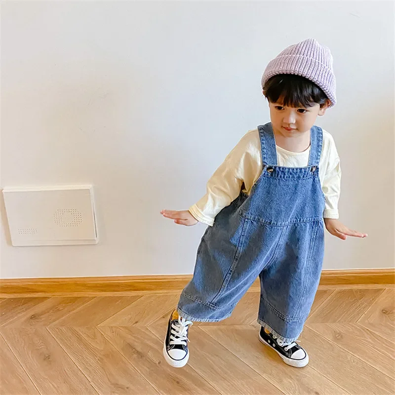

2023 New Children Loose Overalls boys girls casual all-match denim Trousers Autumn Solid Outwear 1-7Y Kids fashion bib pants