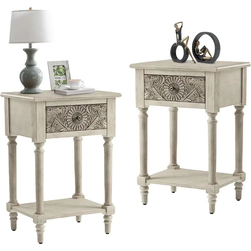 COSIEST 2 Pieces Vintage Nightstand, MDF 2-Tier Bedside Table, Wood Accent End Table with Storage Drawer and Open Display