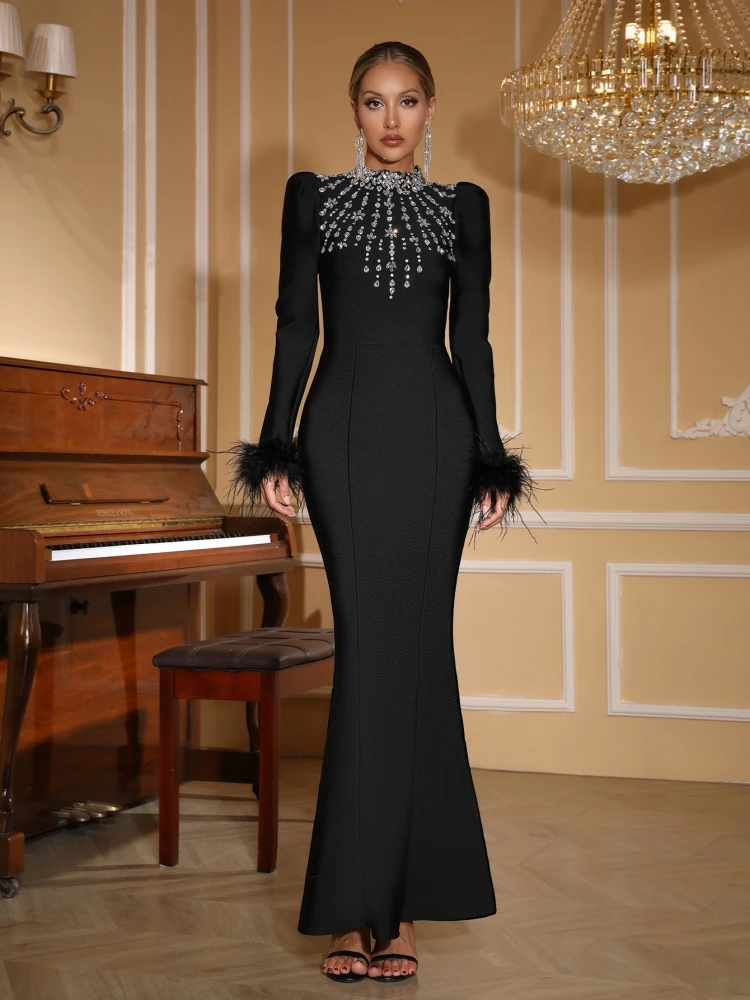 ชุดเดรสยาวแขนยาวประดับขนนก แต่งผ้าพันแผล ประดับเพชรดำ ชุดเดรสเข้ารูปสำหรับผู้หญิง ชุดราตรีงานเลี้ยงแบบเซเลบริตี้