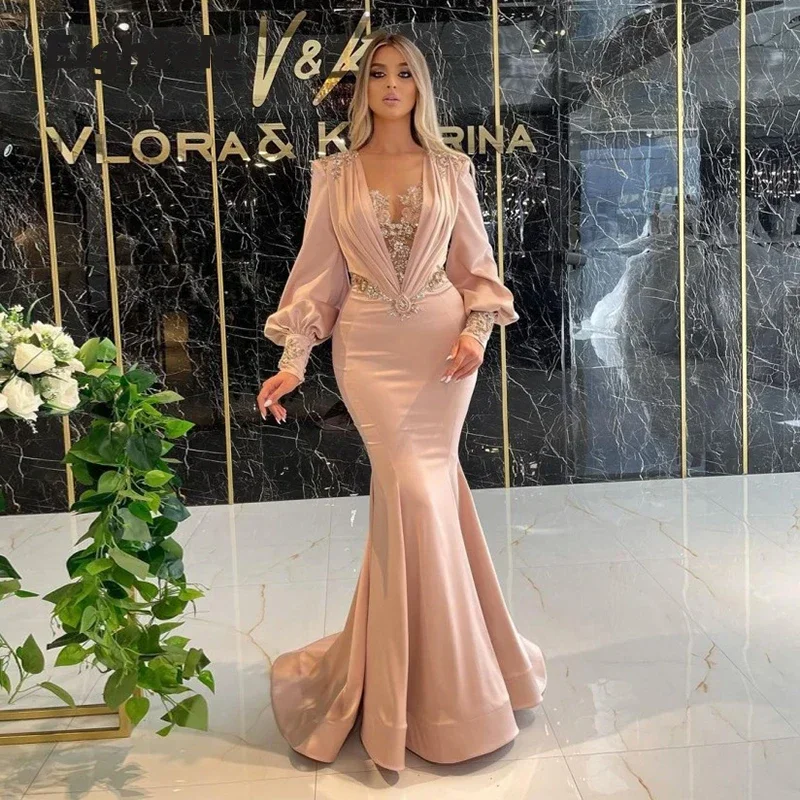 Vestidos de noite rosa elegantes, cetim frisado, vestido de baile de sereia, mangas compridas, mãe da noiva vestidos personalizados de casamento