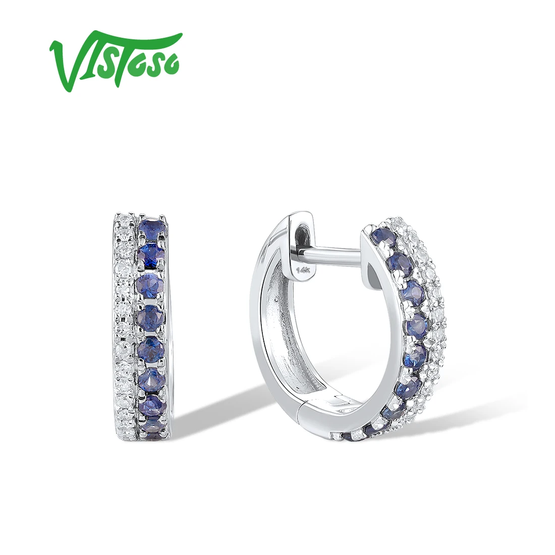 VISTOSO Pure 14K 585 White Gold Loop Earrings For Women Sparkling Classic Ruby Orange /Blue Sapphire Popular Huggie Fine Jewelry