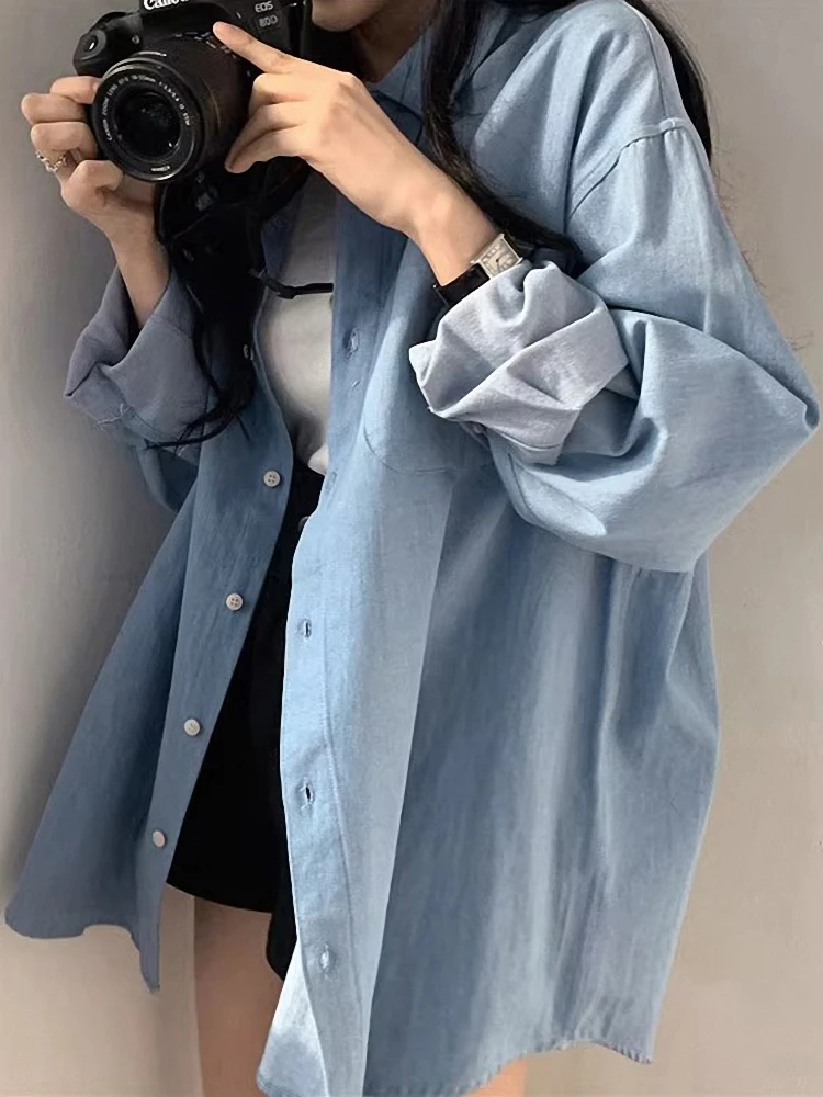

Spring Women's Faion Loose Lazy Sle Retro Chic Denim irt Casual Mid-Length Korean Version Long Sve Collar
