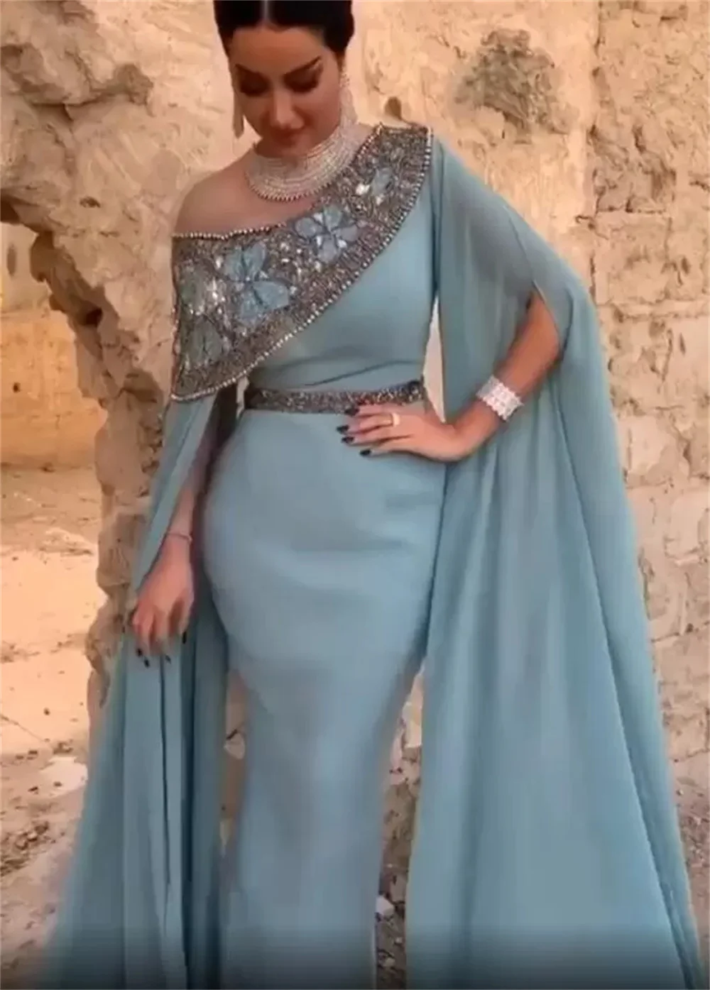 Formal Mermaid Evening Party Dresses Engagement Chiffon Elegant Ladies Crystals Pure Color 2022 Luxurious Arabic Aso Ebi Beaded