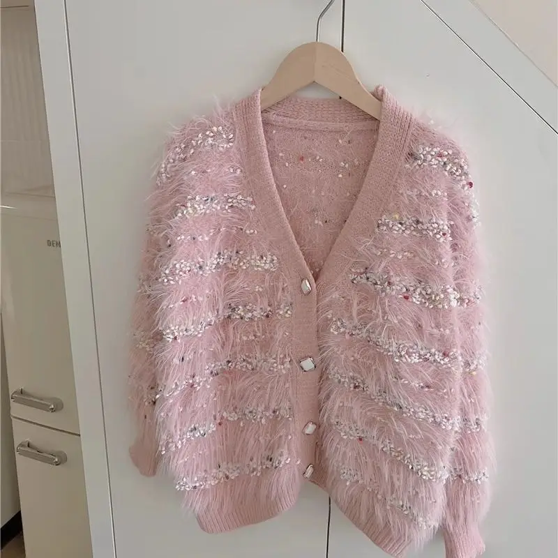 Gaganight Women V neck Small Fragrant Knitted Cardigan 2024 Autumn Winter New Korean Chic Large Sweet Hairy Coat Female Coat image 6