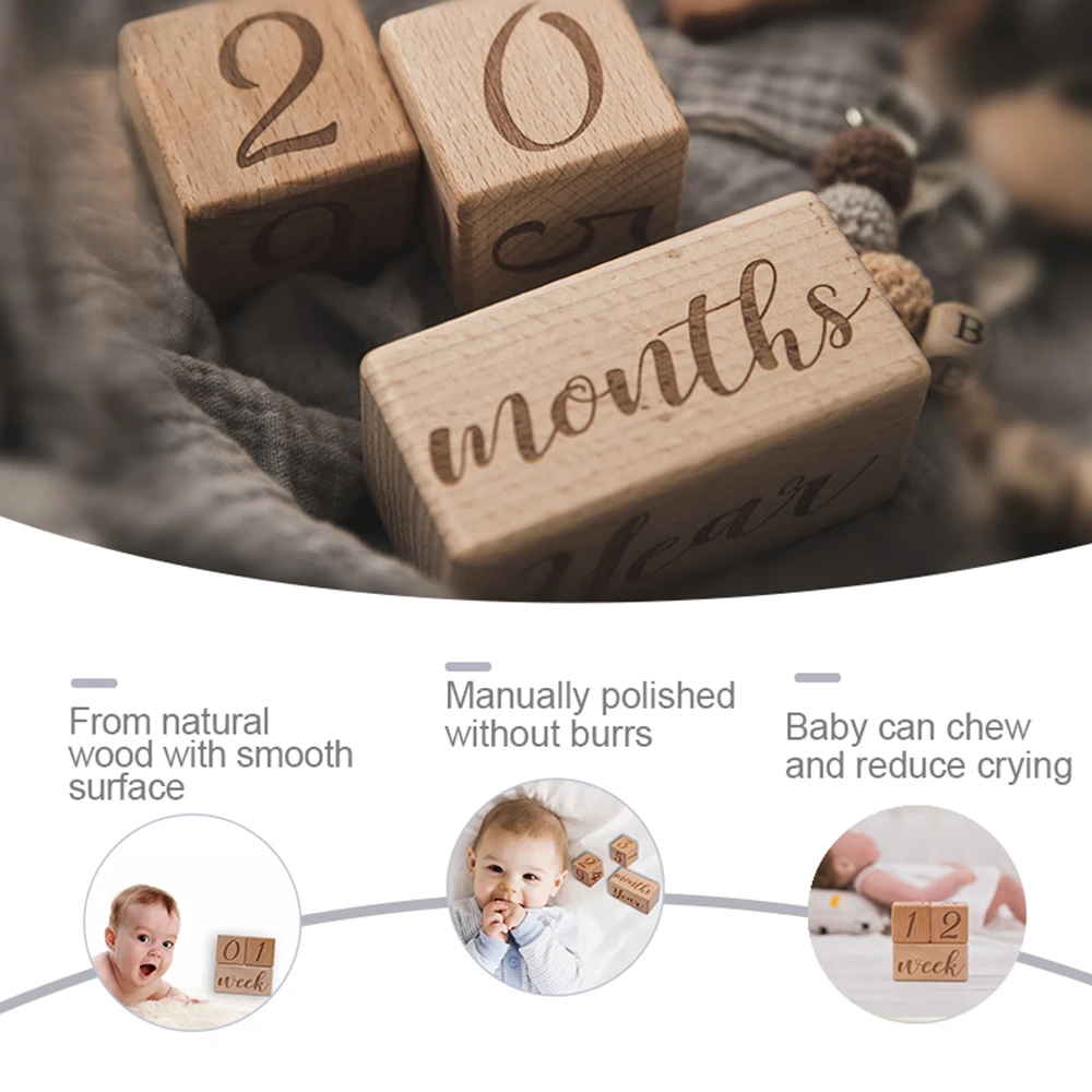 Wooden Baby Milestone Block Set Natural Wooden Smooth Surface Photography Props Baby commemoration of growth Gift Baby Milestone