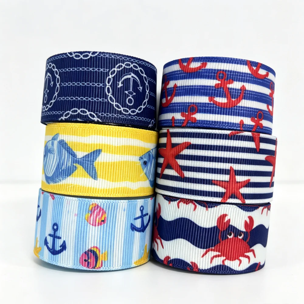 50yards Nautical Theme Printed Grosgrain Ribbon Anchor Starfish Crab Fish Pattern Ribbon for Hair Bows Gift Wrapping DIY Craft