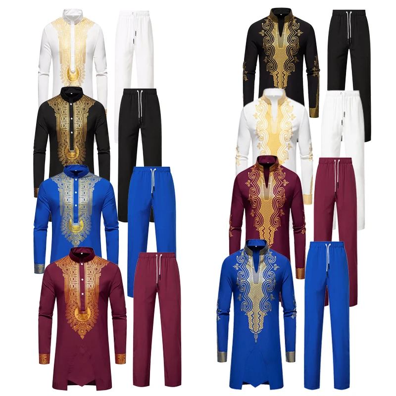 

2026 Black/White Stand Collar African-Style Hot Stamping Printed Robe Set for Men,Ethnic-Inspired Pullover Top + Pants 2-Piece