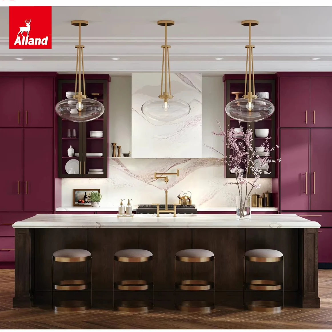All custom color designed slim shaker cabinets with metal trim floating shelving, overhanging countertop island with Light Emitt