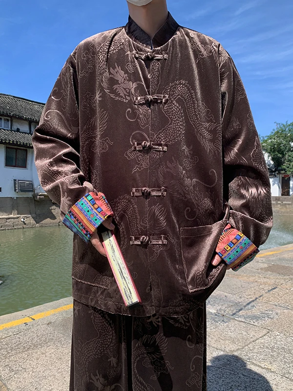 

Loose Men's Tang Suit Jaet Gold Velvet Stand Collar Zhongan Coat Autumn Winter Casual Hanfu Large Size Outerwear