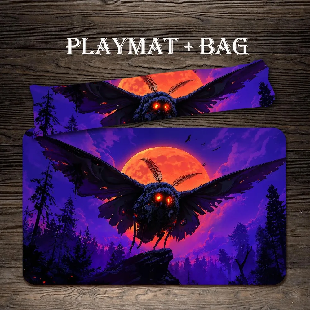 Mothman Cryptid Creature TCG Playmat Blood Red Full Moon Purple Night Forest Sky Dark Horror Fantasy Non‑Slip Desk Mat for Card