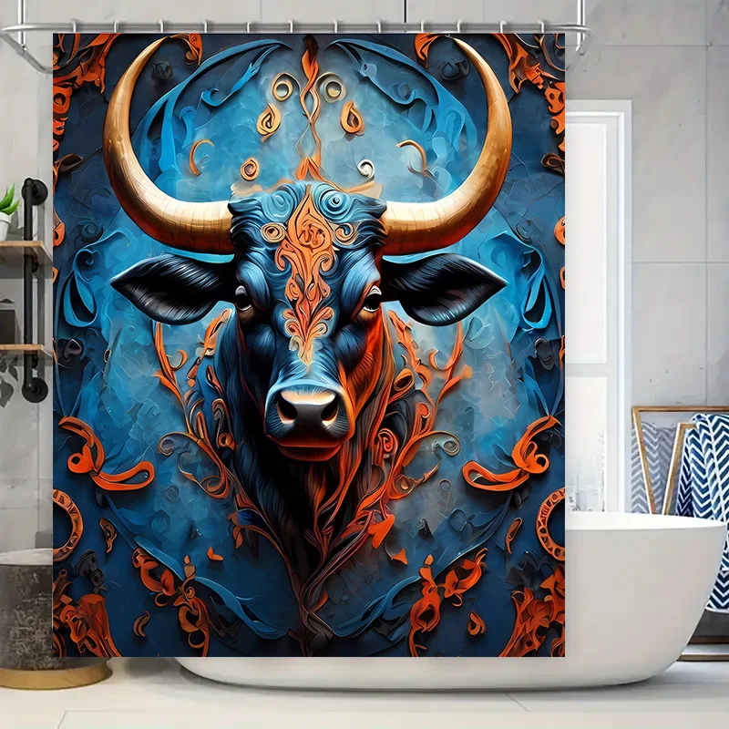

Современный коврик для ванной с изображением быка, декор для занавески для душа, водонепроницаемая настенная подвеска для ванной комнаты с абстрактным синим золотом, оранжевым листом и цветочным рисунком