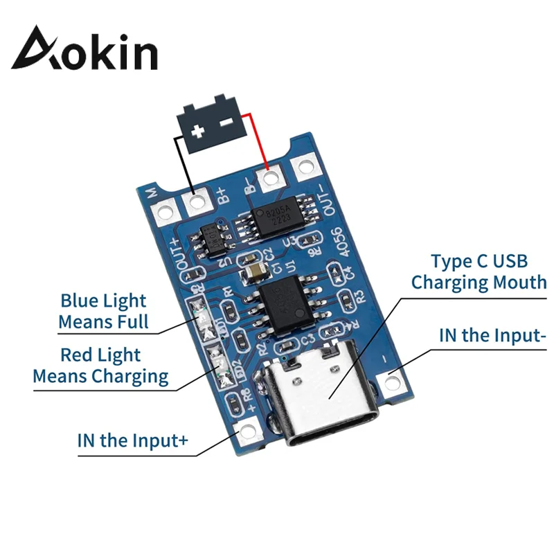 Aokin tp4056 chip tp4056 module MINI-USB Micro-USB Type-c USB charging source module board 1A lithium battery