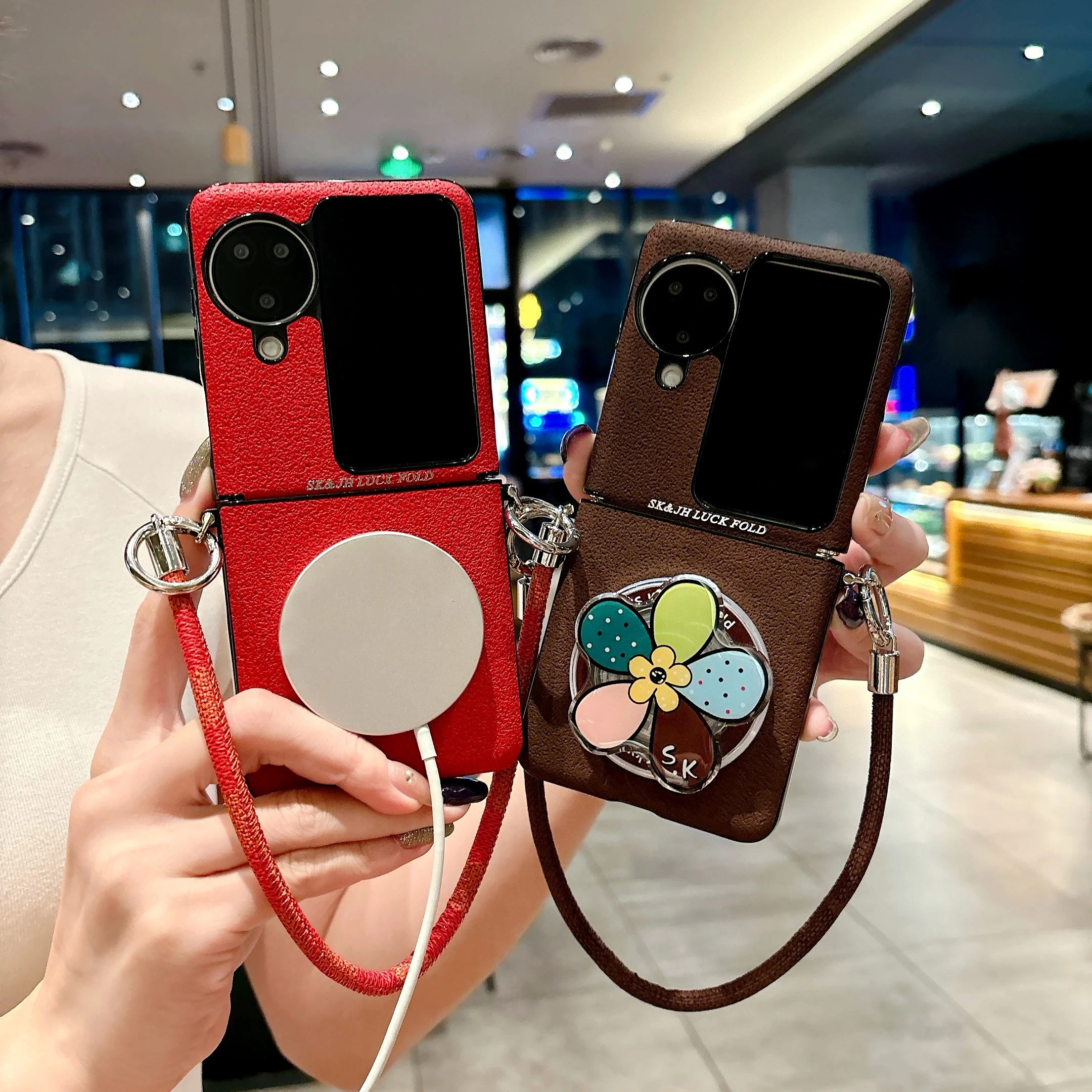 

Back Cover For OPPO Find N3 N2 Flip Case Hand Straps Rope Flower Bracket Magnetic Attraction Hard Pc Shockproof Phone Case