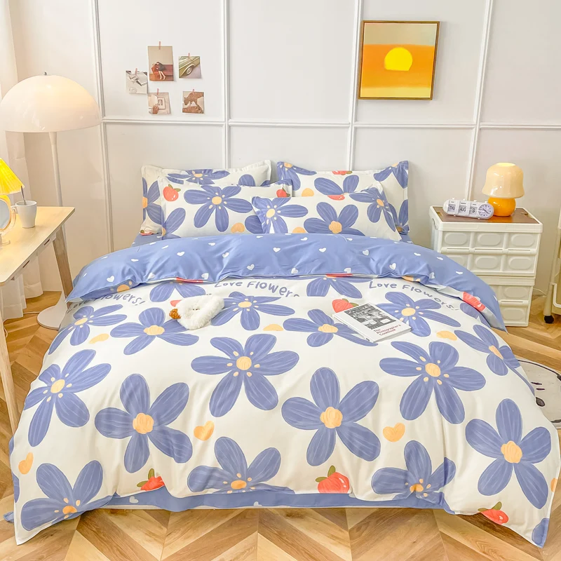 1PC Quilt Cover: Off-White & Light Blue, Blue Flower & Heart & Strawberry, Fresh Floral, Skin-Friendly, Fits Single/Double