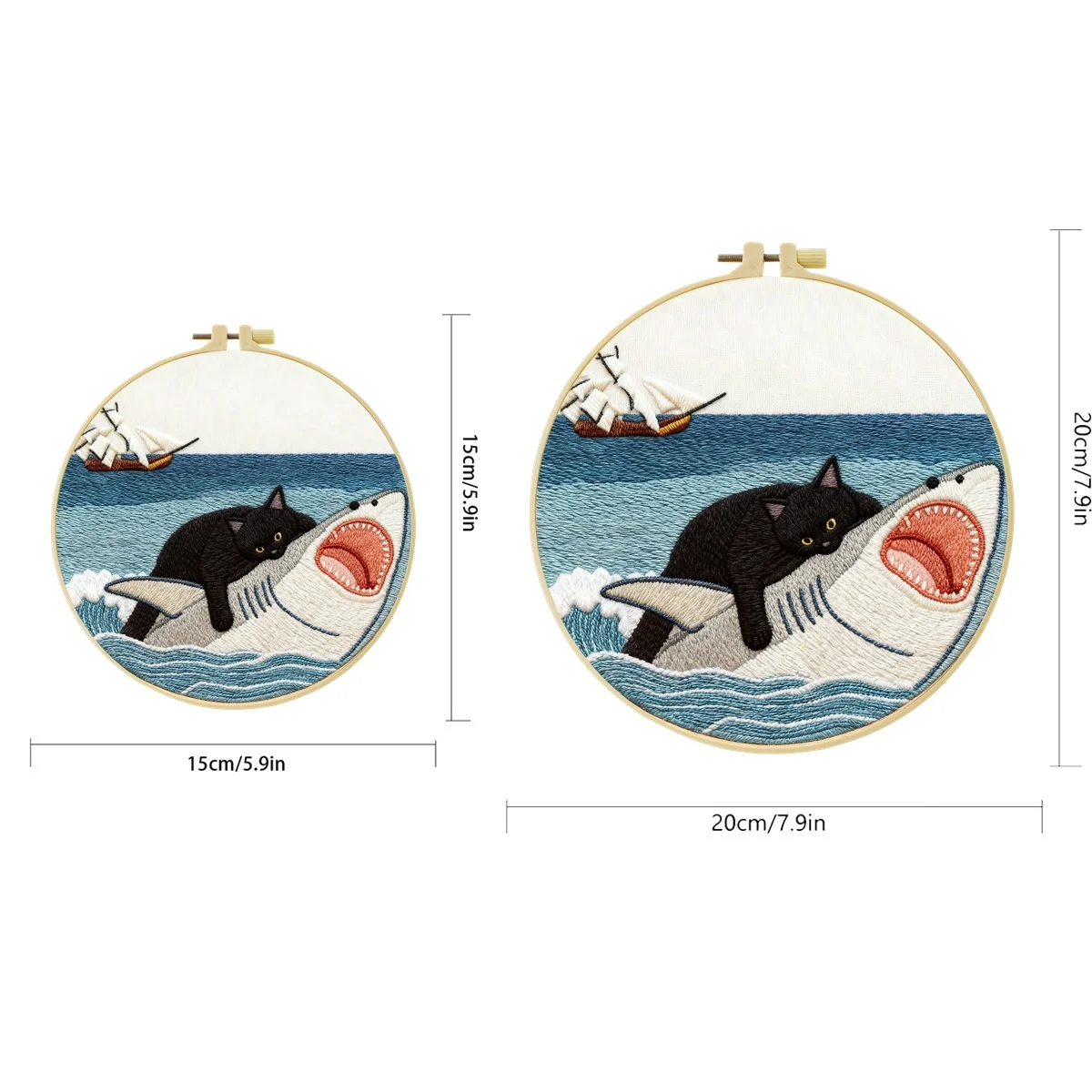 Katze auf Hai reitet 1 Stück DIY Stickerei-Material-Set für Anfänger Stickerei-Starter-Kit Kreuzstich-Kunst als Geschenk Nadelarbeiten Handwerk – Detail 2