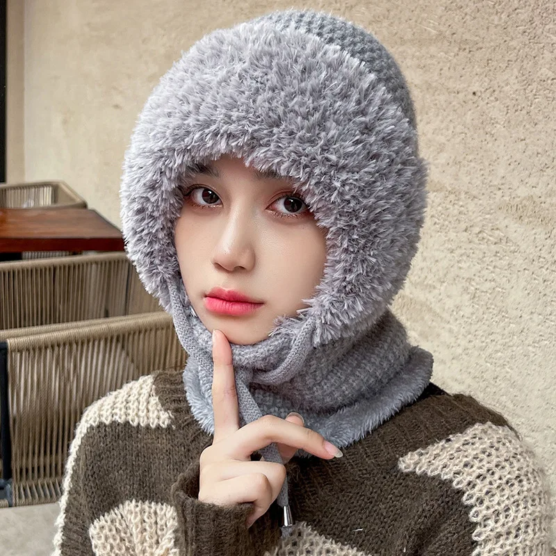 New multi-functional knitted wool hat for women, winter plush hat, scarf integrated hat, outdoor riding windproof ear hat