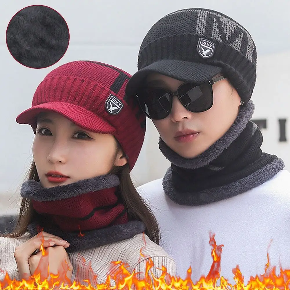 2Pcs/Set Outdoor Thickened Windproof Hat Scarf Winter Warm Knitted Hat Wool Soft Coral Fleece Scarf for Men Women