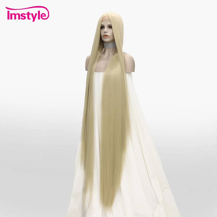 Peruca dianteira de renda sintética imstyle para mulheres, super longa, loira, preta, cabelo liso, resistente ao calor, perucas de cosplay, 60"