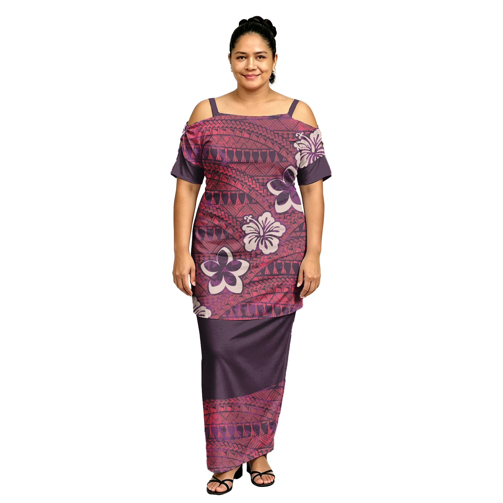 New Arrivals Women Polynesia Tribal Design Puletasi Dress Hawaiian Flowers Print Party Prom Ladies Hollow Sleeve Samoan Puletasi