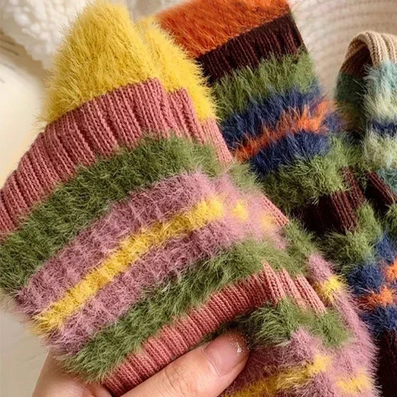1/3 Doppel farbige Streifen Socken Damen Herbst Winter Socken Wolle Boden Socken dicke Plüse Innensocken weich