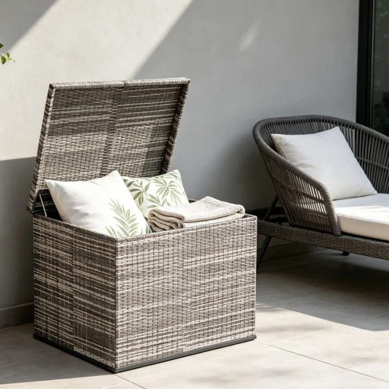 Fournitures de jardin, Coffre à coussins de jardin en rotin PE gris, 100 X 97,5 X 104 cm, Structure robuste, Grande capacité, Résistant à l'usure, Idéal pour jardin, terrasse et espaces extérieurs