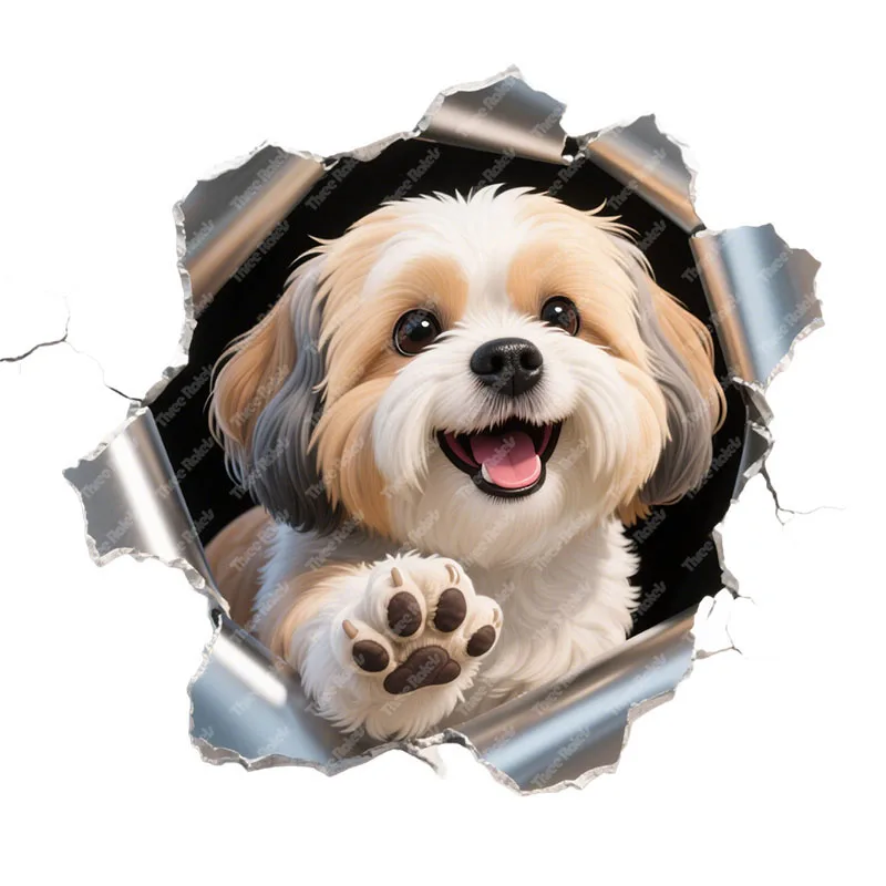 Three Ratels CAA37 happy Shih Tzu dog Broken hole wall stickers for home decoration Personalized car decals